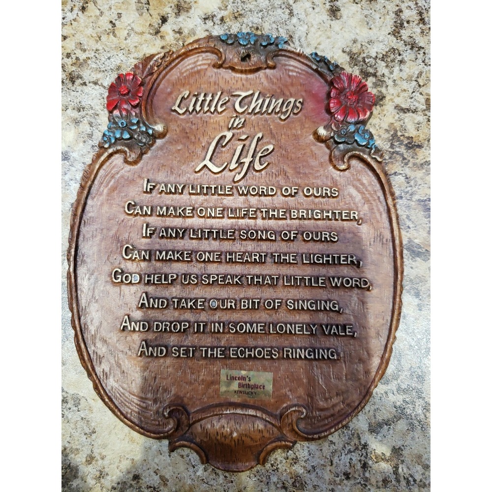 Little Things In Life Christian Brown Resin Plaque Vtg Lincolns Birthplace KY